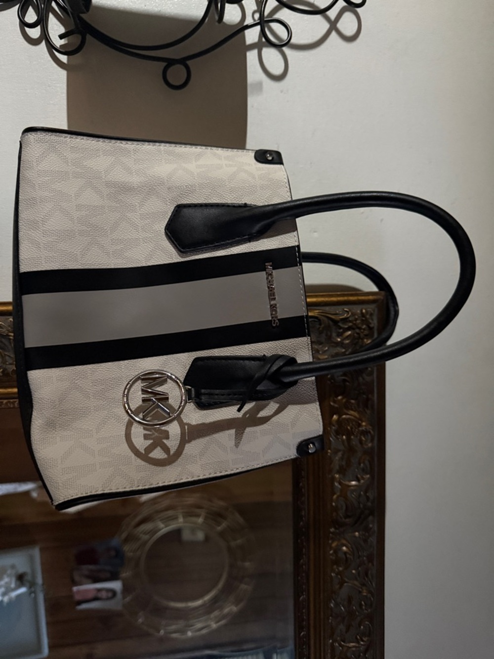Michael Kors White Tote/Crossbody with Black Stripes and Black Handles